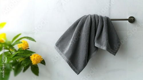 Wallpaper Mural Spa like Bathroom  Grey Towel  Metal Hook  Yellow Flowers Torontodigital.ca