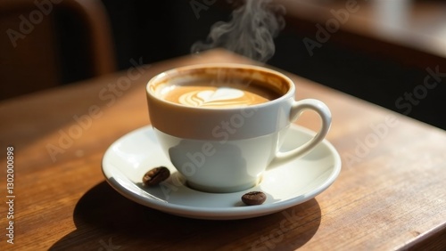 Aromatic coffee with latte art, steaming gently in a white cup, rests on a saucer alongside coffee beans, bathed in warm sunlight on a wooden table