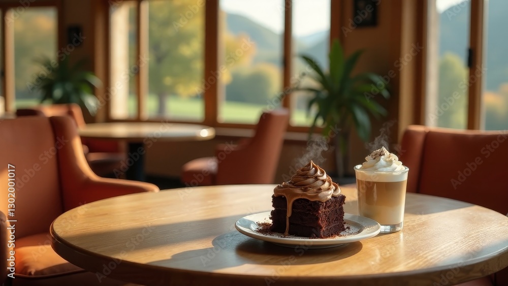Fototapeta premium A delectable chocolate dessert with coffee cream, served alongside a steaming latte, sits on a wooden table overlooking a tranquil autumnal landscape.