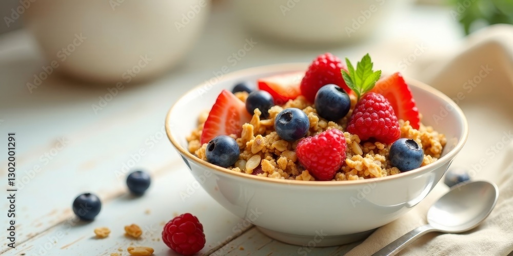 A delightful bowl of crunchy granola, topped with juicy strawberries, sweet raspberries, and plump blueberries, ready to be enjoyed for a healthy and fulfilling breakfast A delightful bowl of crunchy granola, topped with juicy strawberries, sweet raspberries, and plump blueberries, ready to be enjoyed for a healthy and fulfilling breakfast