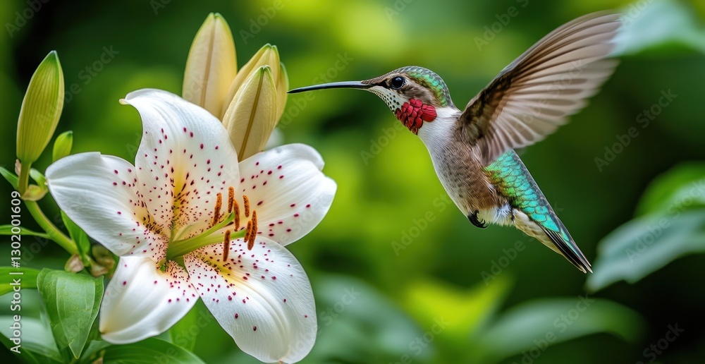 Naklejka premium Hummingbird feeding on a white lily. (1)