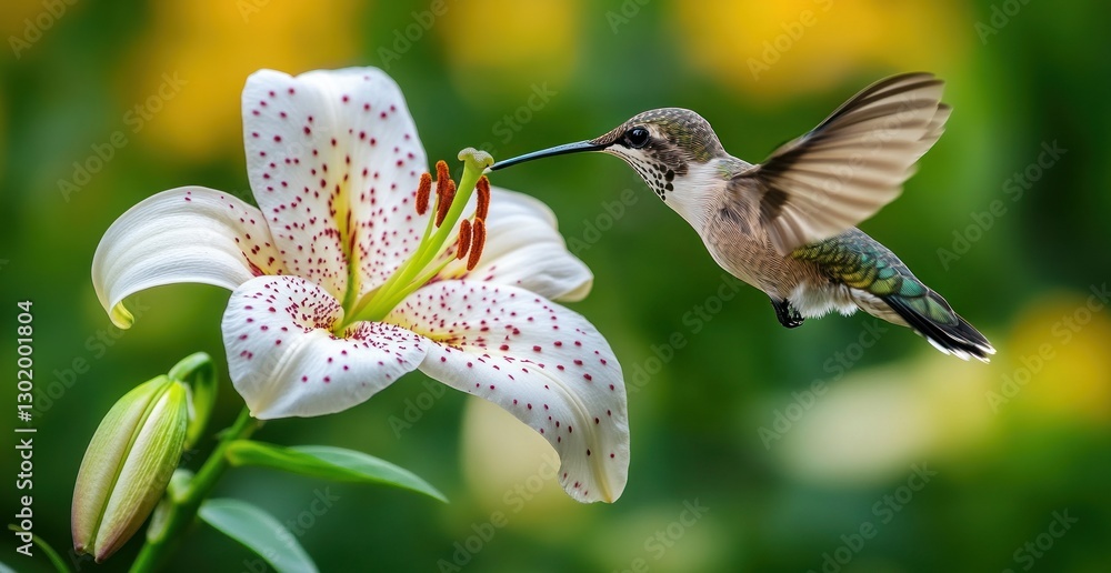 Fototapeta premium Hummingbird feeding on a white lily flower.