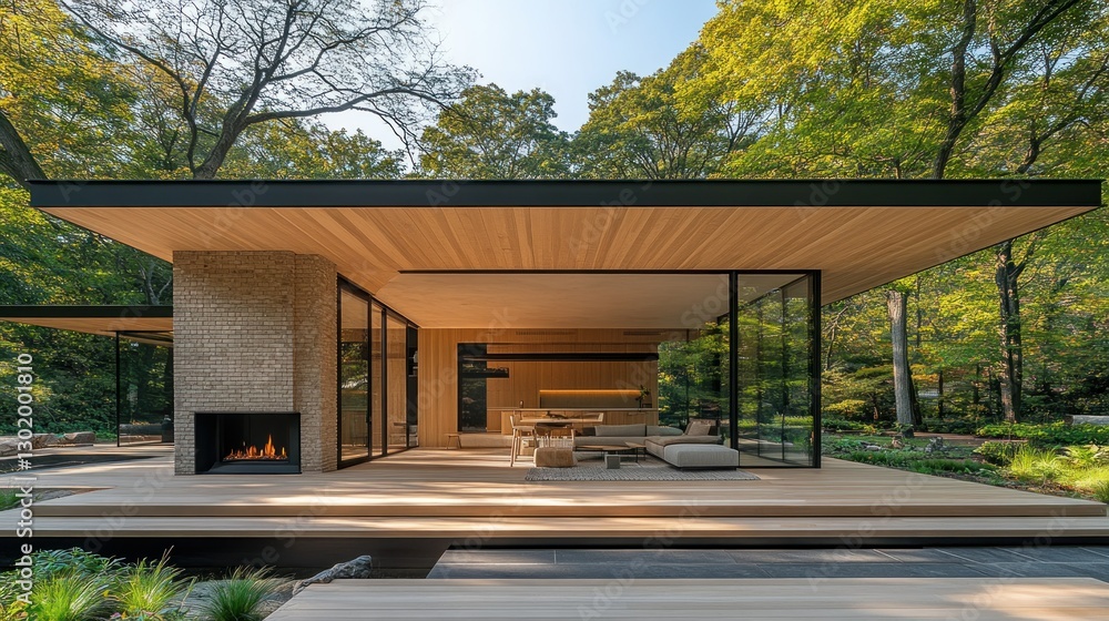 Fototapeta premium Modern, open-plan home with a wood deck in a forest setting