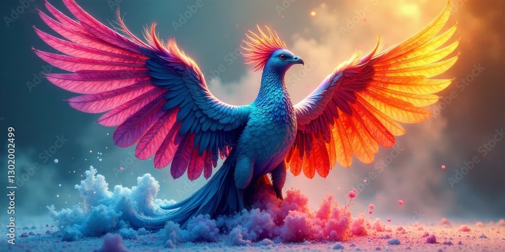 Obraz premium A vibrant avian creature with iridescent plumage, majestic wings outstretched, standing amidst a swirling cloud of colorful dust and particles.