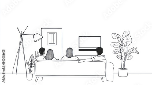 Family Relaxing on Sofa, Living Room Scene