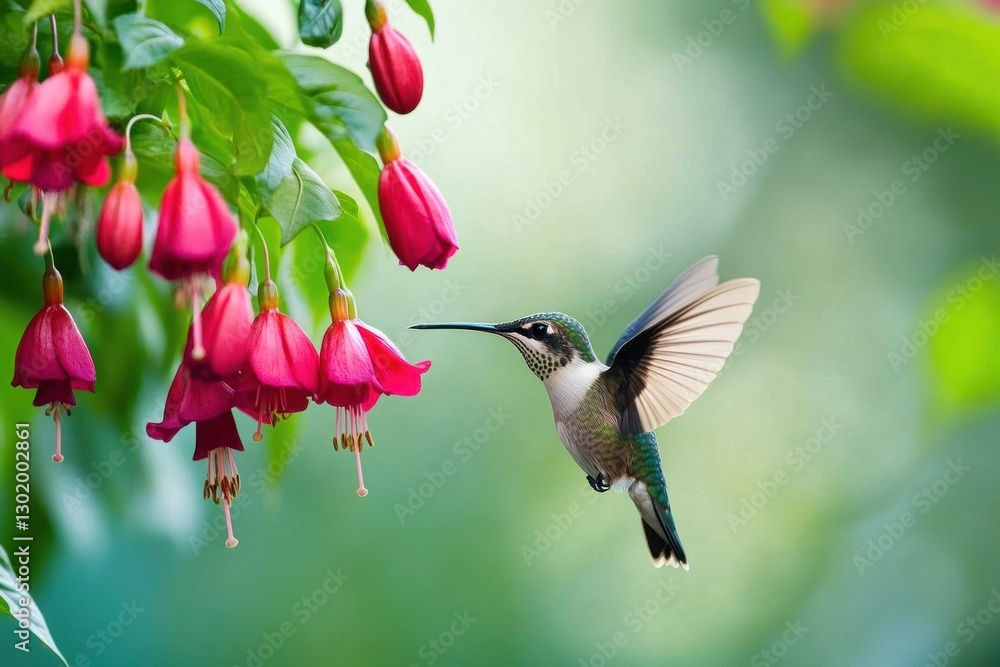 Fototapeta premium Hummingbird feeding on fuchsia flowers.