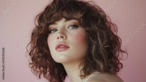 Wallpaper Mural A beautiful woman with curly hair, natural-looking makeup, generative AI Torontodigital.ca