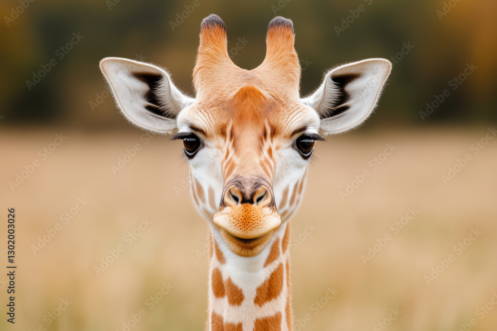 Obraz premium A young giraffe with large expressive eyes and patterned fur, standing in the african savanna with a soft blurred background