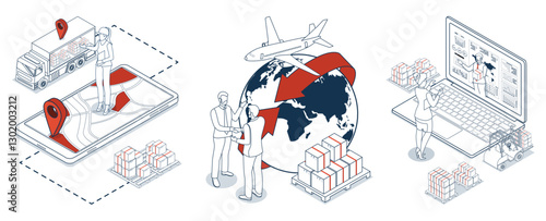 3D isometric scenes depicting multi modal export import operations with Delivery autonomous robots AMR, AGV in a modern warehouse with advanced logistics and supply chain management solutions.