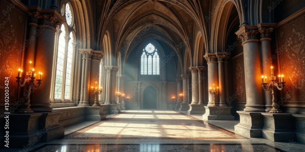 Sunlit Grandeur A Majestic Hallway with Ornate Columns, Candles, and Stained Glass Windows Sunlit Grandeur A Majestic Hallway with Ornate Columns, Candles, and Stained Glass Windows