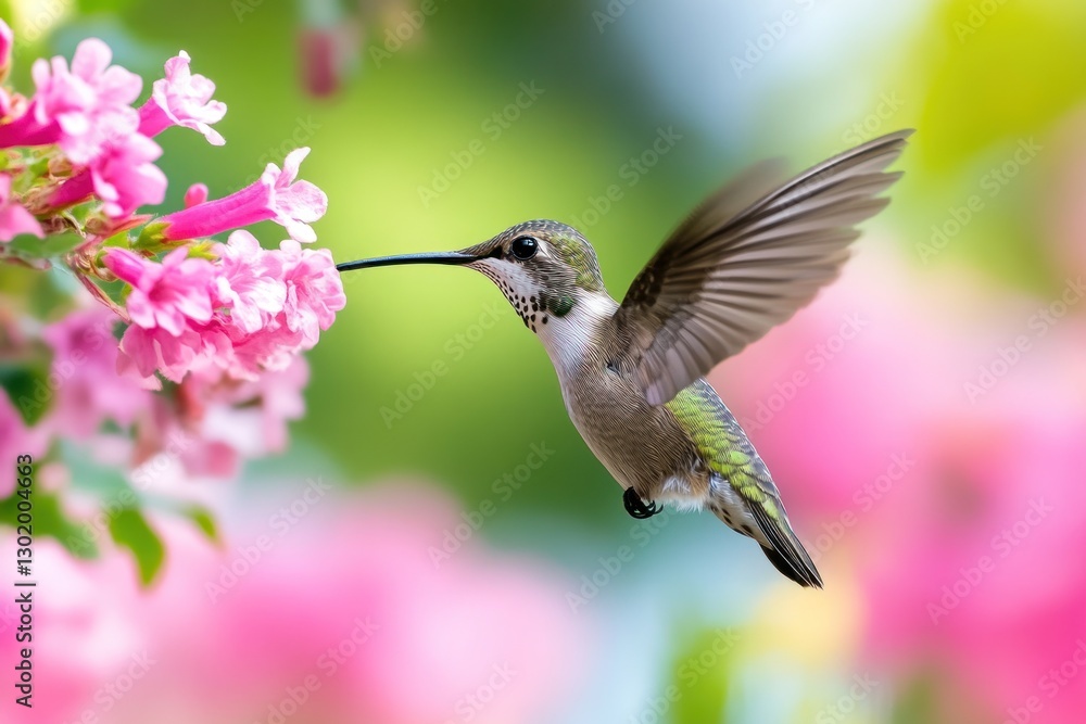 Naklejka premium Hummingbird feeding on pink flowers in flight.