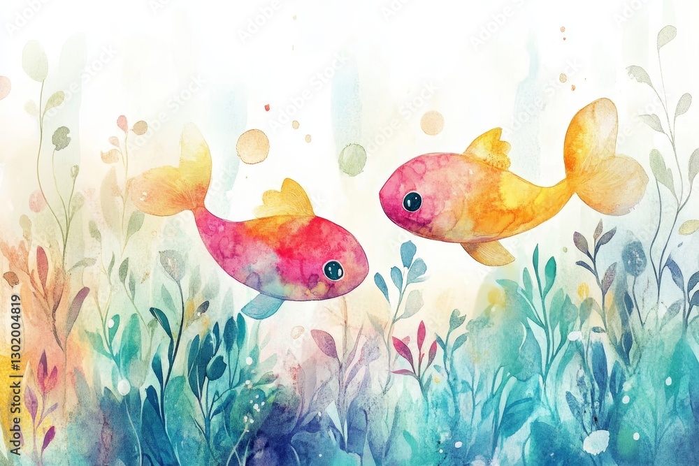 Naklejka premium Two Colorful Fish Swimming in a Watercolor Underwater World