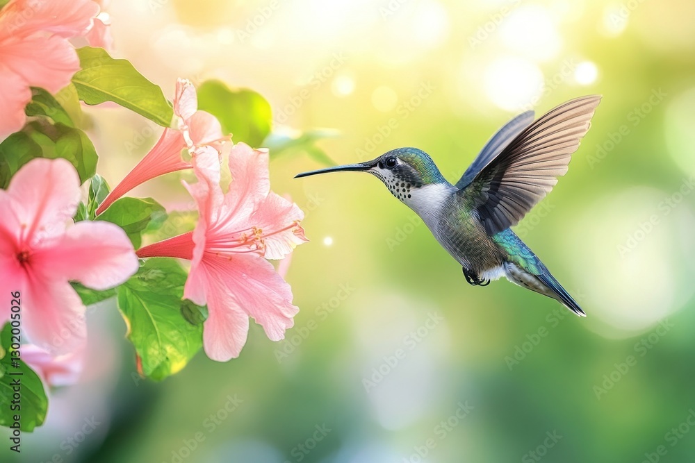 Naklejka premium Hummingbird feeding on pink hibiscus flower in sunlight.