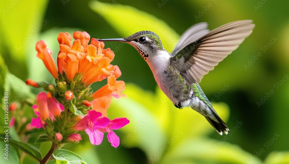 Fototapeta premium Hummingbird feeding on vibrant orange and pink flowers.