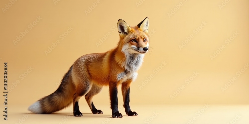 Fototapeta premium A Majestic Red Fox Standing Against a Warm, Neutral Background, Displaying its Vibrant Fur and Alert Posture
