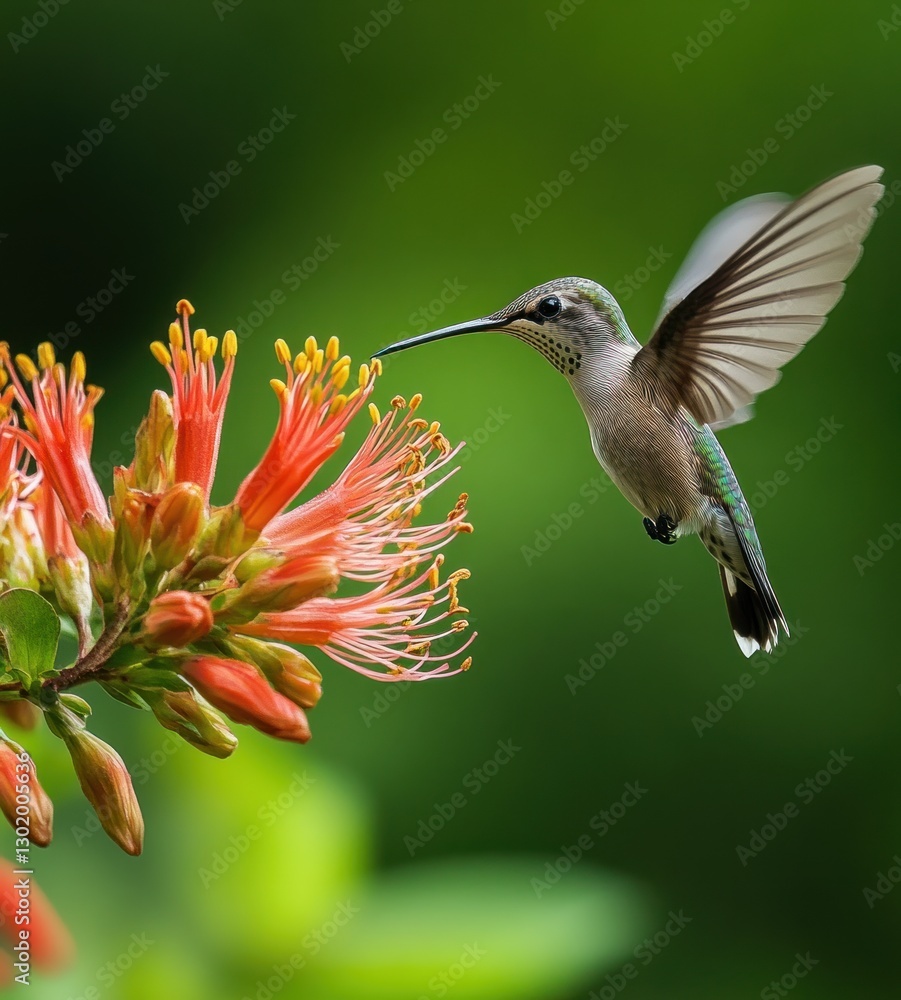 Fototapeta premium Hummingbird feeding on vibrant orange flower.