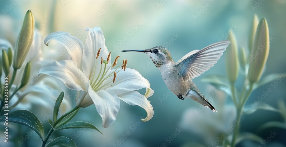 Naklejka premium Hummingbird feeding on white lily.