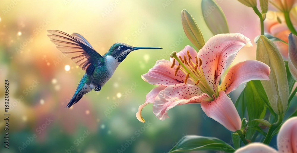 Hummingbird hovering near a pink lily. Hummingbird hovering near a pink lily.