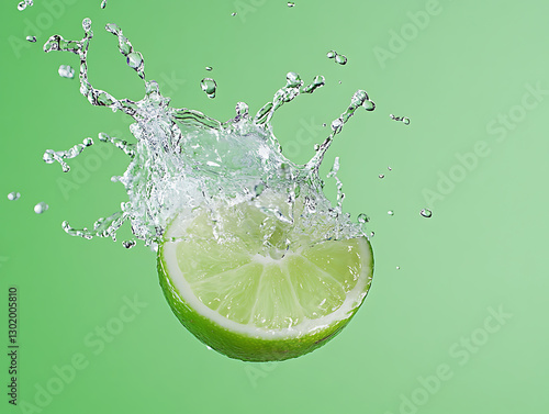 Splashing lime slice in water green background food photography vibrant environment close-up view fresh concept photo