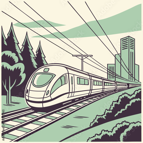 Modern train travels through a picturesque landscape to the city.