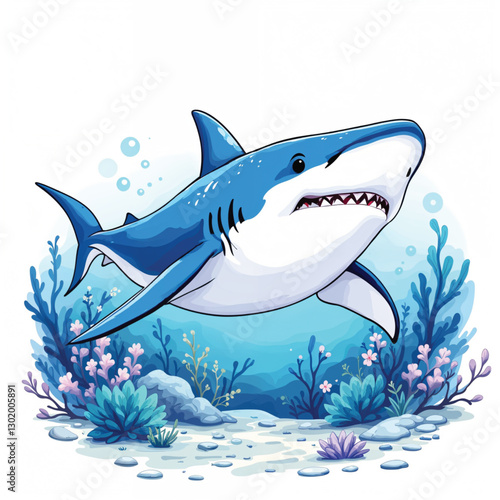 Colorful Marine Life Illustration with Shark