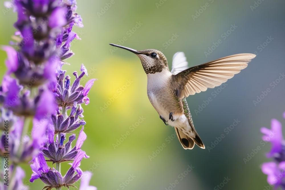 Obraz premium Hummingbird hovering near lavender flowers. (1)