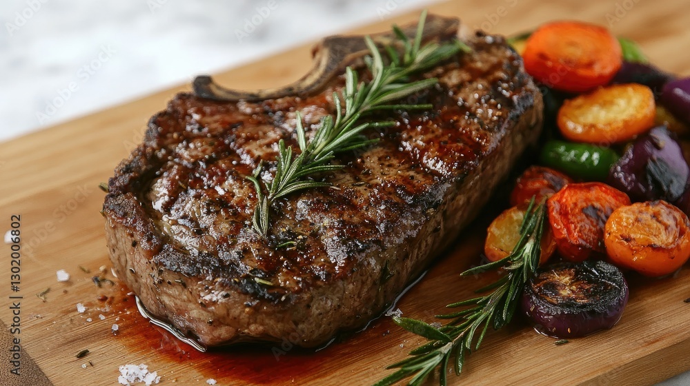 A delicious steak dinner, featuring charred beef, fragrant rosemary, and a mix of colorful roasted vegetables. A delicious steak dinner, featuring charred beef, fragrant rosemary, and a mix of colorful roasted vegetables.
