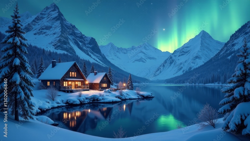Fototapeta premium Serene Winter Wonderland Cozy Cabins nestled beside a tranquil lake, reflecting the majestic snow-capped mountains under an enchanting aurora borealis display.