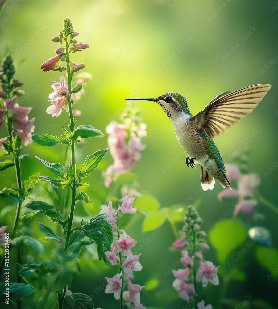 Fototapeta premium Hummingbird hovering near pink flowers.