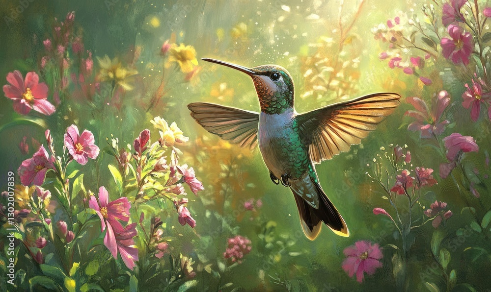 Naklejka premium Hummingbird in flight amidst vibrant wildflowers, sunlit garden.