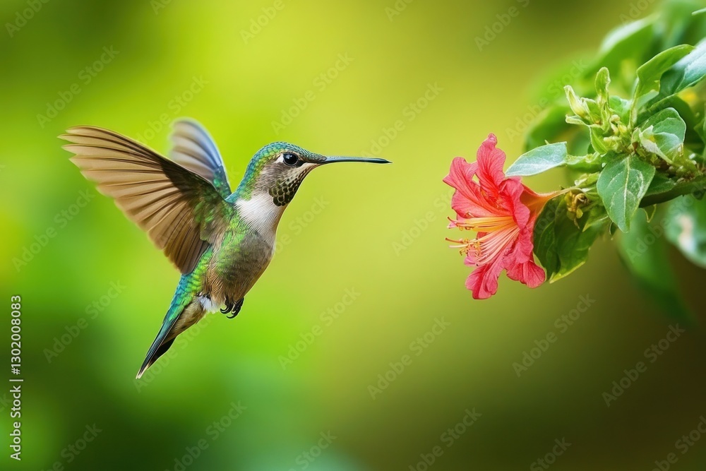 Fototapeta premium Hummingbird in flight approaching a pink flower.