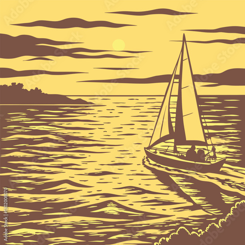Vintage sailboat glides through golden sunset seascape.