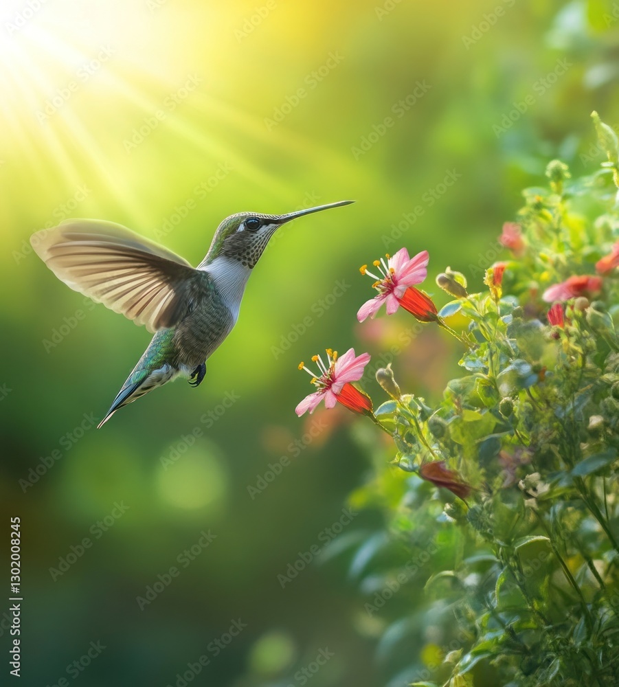 Naklejka premium Hummingbird in flight approaching pink flowers in sunlight.