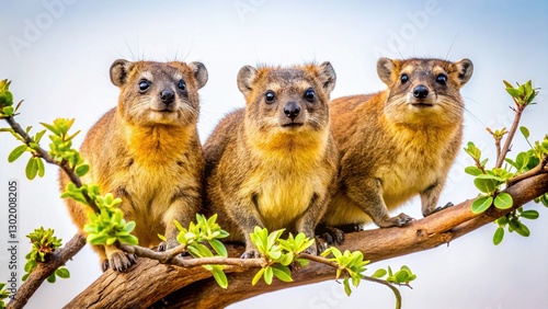 Adorable Rock Hyraxes Perched in Tree Branches, Sunny African Savanna