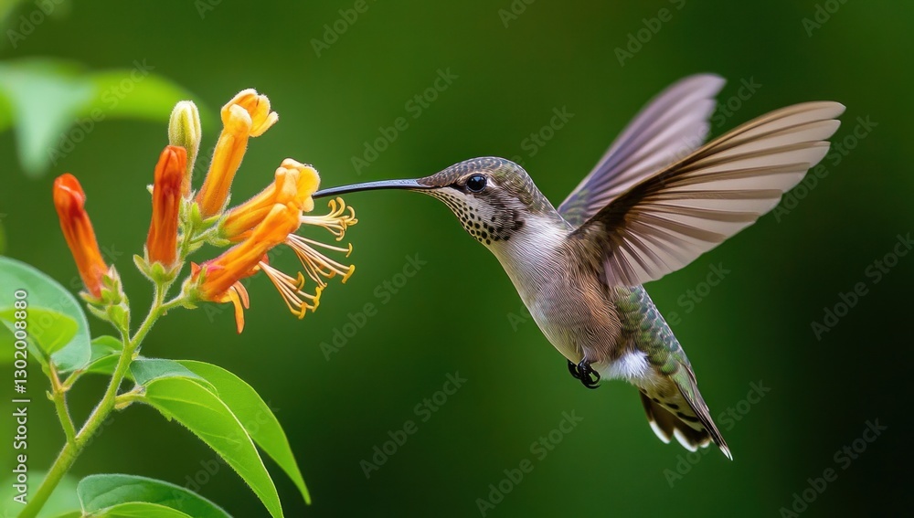 Fototapeta premium Hummingbird in flight feeding from orange flowers.