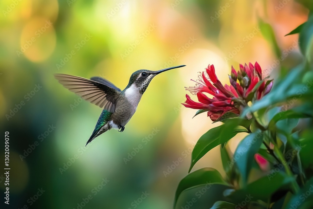 Naklejka premium Hummingbird in flight feeding from red flower. (1)