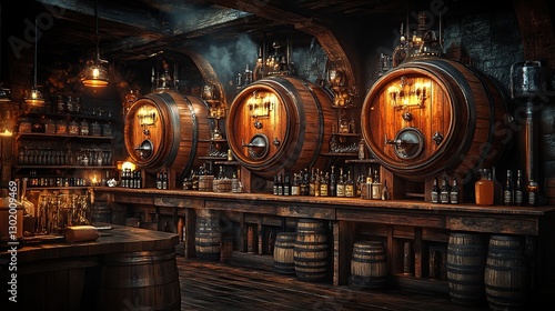 Dark Wooden Tavern Barrels Interior photo