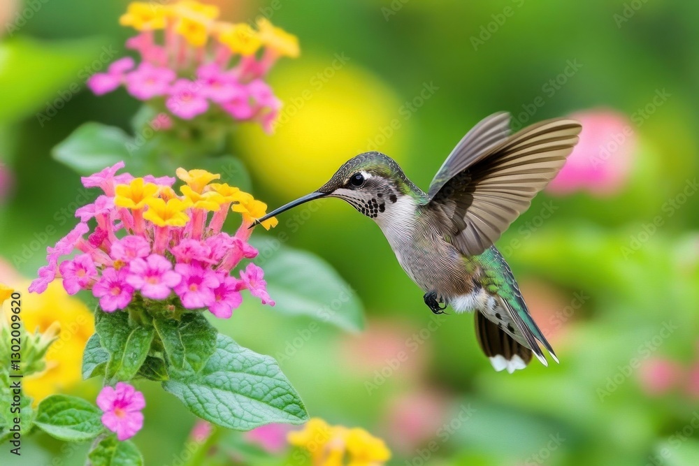 Naklejka premium Hummingbird in flight feeding on colorful flowers.