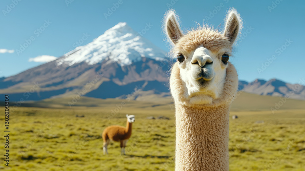 Obraz premium Close Up Portrait of a Light Brown Alpaca in an Andean Landscape