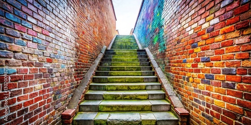 Fototapeta Naklejka Na Ścianę i Meble -  Atmospheric Alleyway: Worn Stone Steps Between Weathered Brick Walls