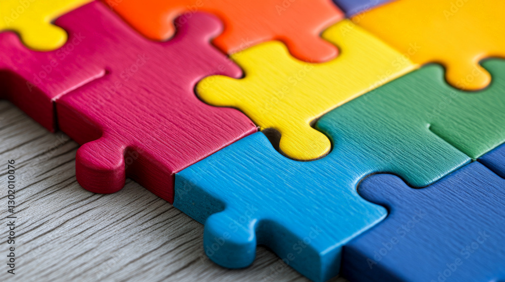 Obraz premium Colorful Interlocking Puzzle Pieces on Wooden Background