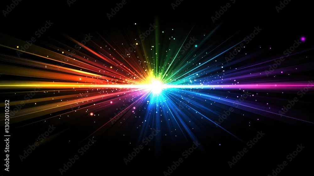 Fototapeta premium A radiant explosion of multicolored light with glowing particles and streaking rays on a dark background.