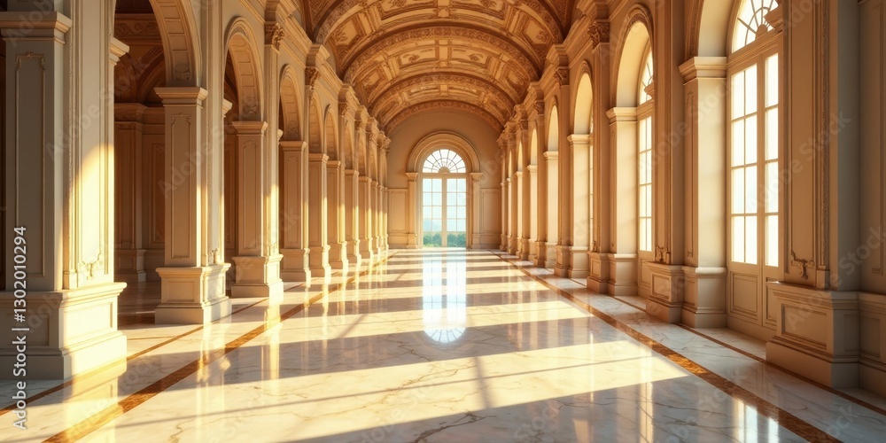 Fototapeta premium Elegant Grand Hallway with Sunlight Streaming Through Tall Windows and Marble Floor