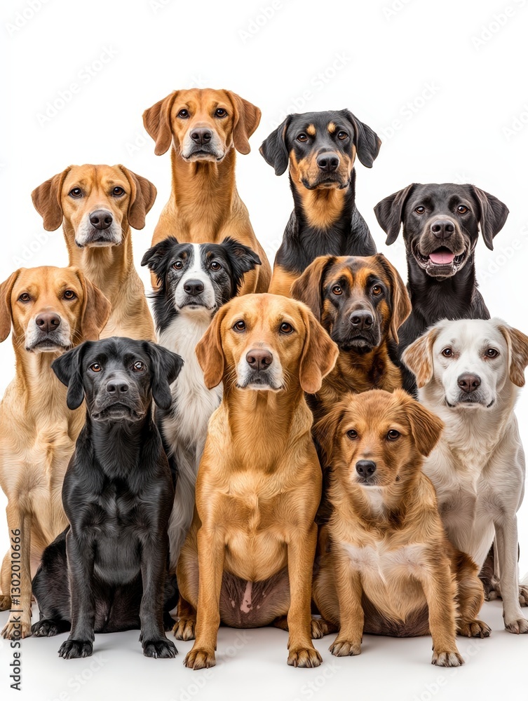 A charming assembly of dogs forms a semi-circle, their gaze united to the left, creating an inviting and cohesive tableau. Each medium-sized dog adds character to this harmonious group portrait A charming assembly of dogs forms a semi-circle, their gaze united to the left, creating an inviting and cohesive tableau. Each medium-sized dog adds character to this harmonious group portrait
