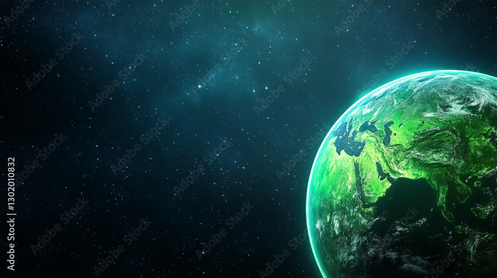 Glowing Green Planet Earth in Dark Space with Stars Glowing Green Planet Earth in Dark Space with Stars