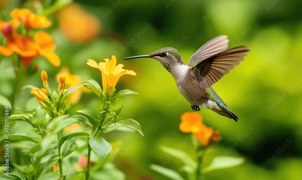 Fototapeta premium Hummingbird in flight feeding on orange flowers.