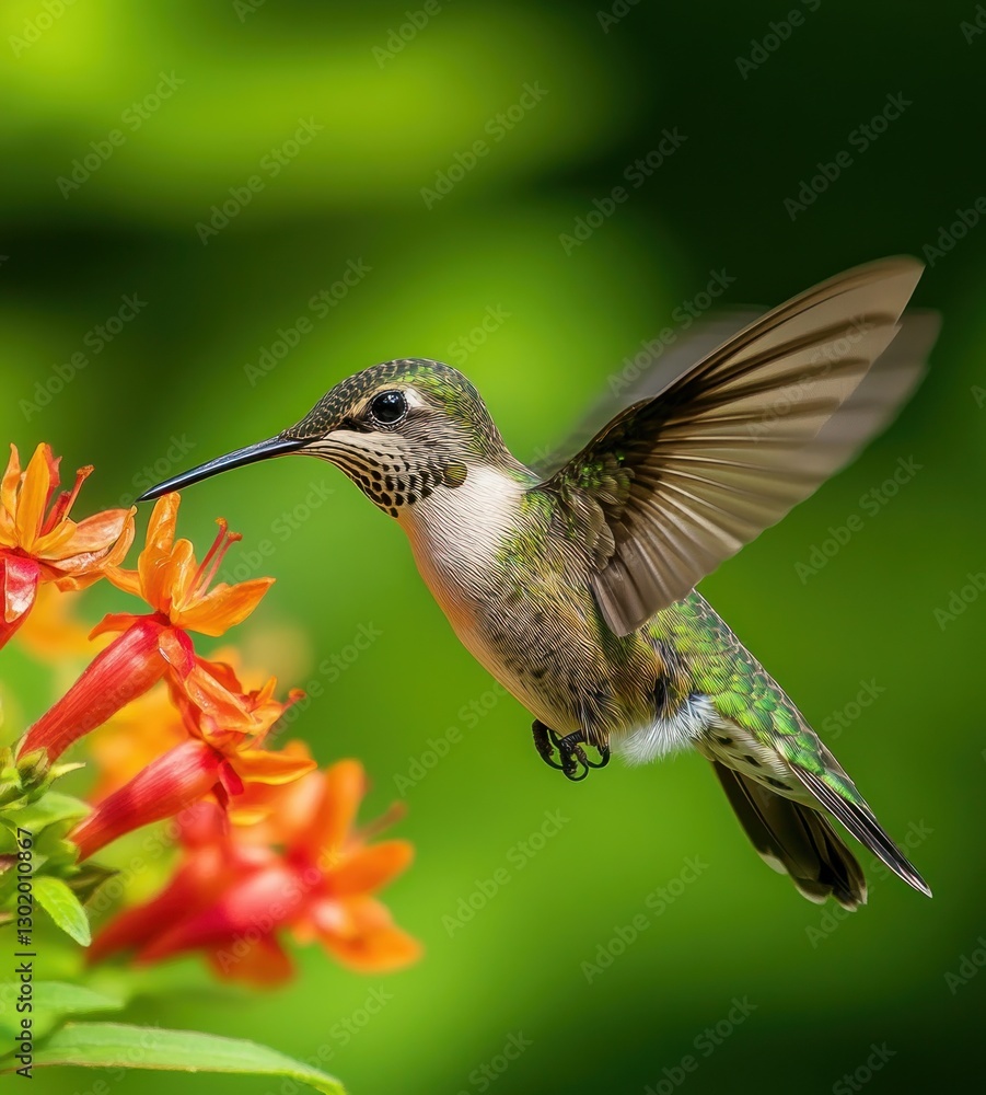 Fototapeta premium Hummingbird in flight feeding on orange flowers.
