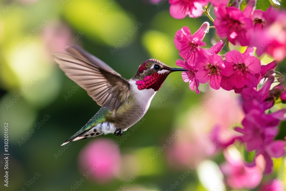 Fototapeta premium Hummingbird in flight feeding on pink flowers. (1)