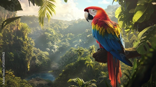 Wallpaper Mural A stunning red, yellow, and blue macaw perched high in a rainforest, its feathers glowing in sunlight. Torontodigital.ca