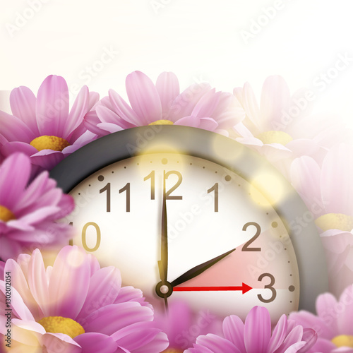 Spring Forward. Daylight saving time banner with realistic 3d clock and pink chrysanthemum flowers. Post design for reminder of time change one hour forward for social networks. Vector illustration